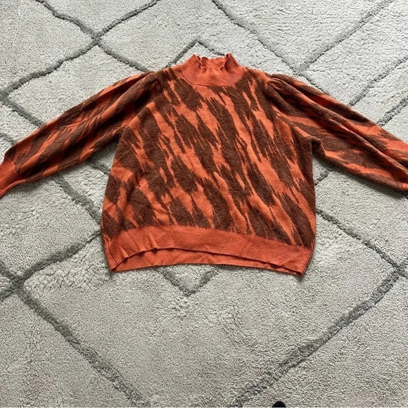ELOQUI Intarsia Mock Neck Sweater orange brown  puff sleeve 26 / 28 - Picture 6 of 13